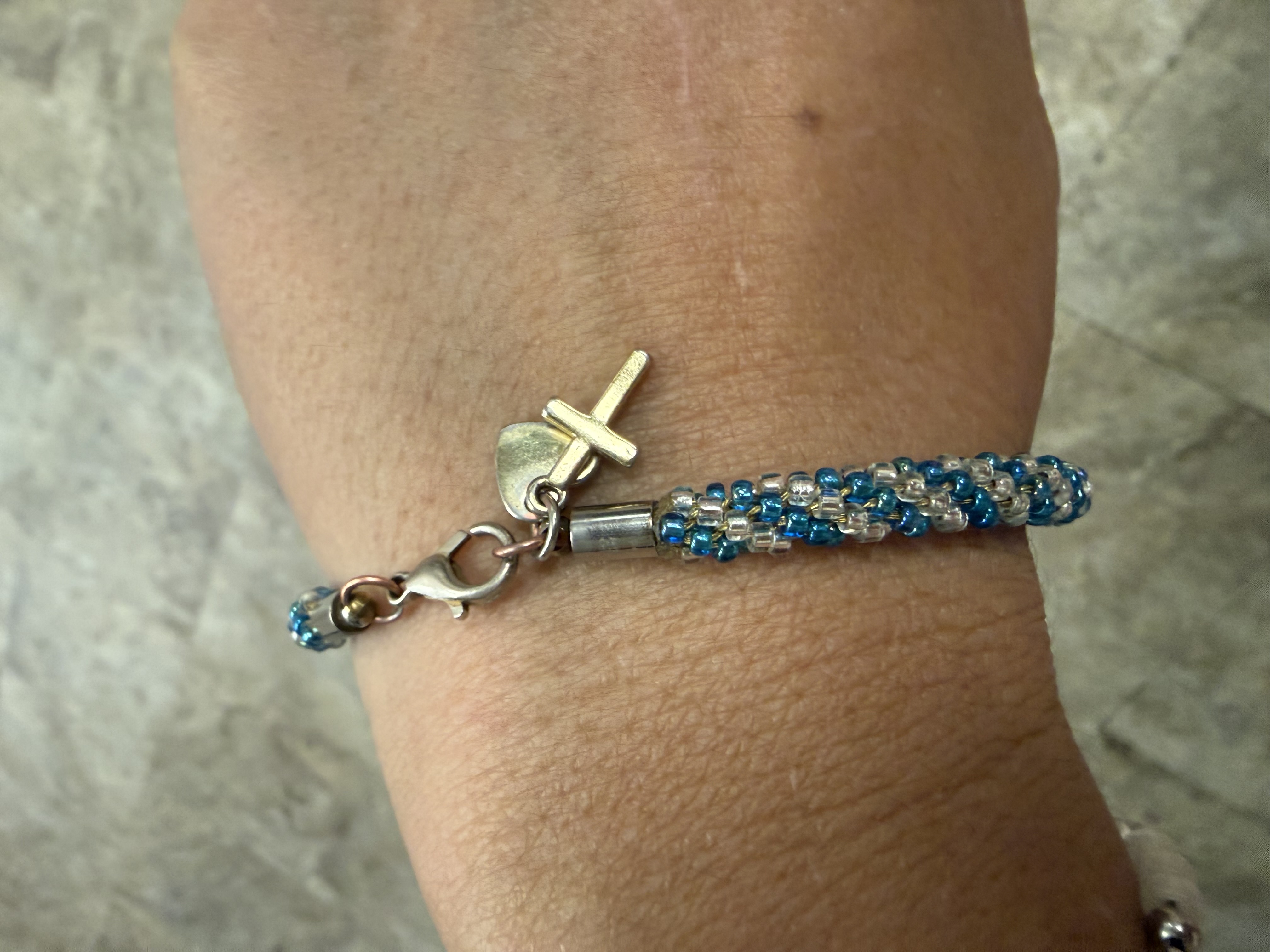 Teal Kumihimo Bracelet with Cross & Heart Charm